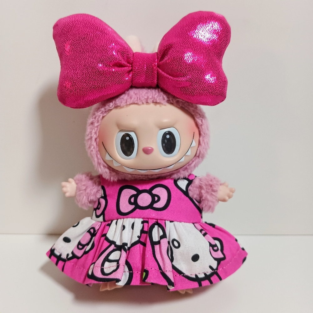 Custom Hello Kitty Dress and Oversized Metallic Bow Made to fit Labubu